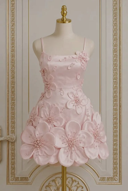 Charming Pink Floral Beaded Homecoming Dresses Short Party Dress