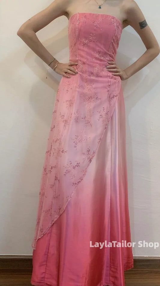 Charming Pink Gradient Color Lace Y2k Prom Dress 90's Vintage Formal Gown,LTP3669