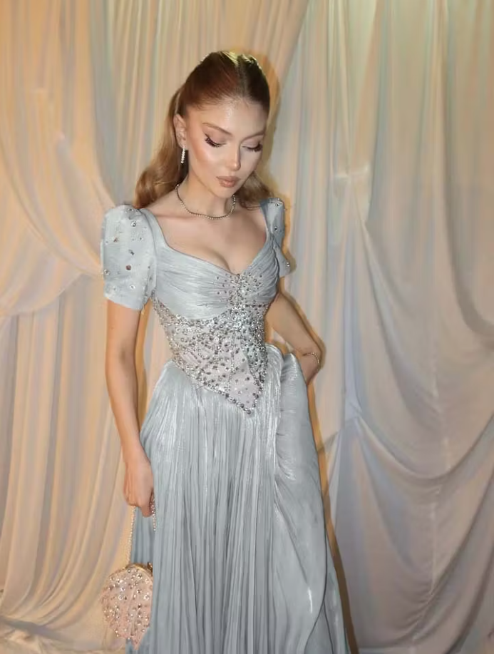 Charming Pink Short Sleeves Pleated Beaded Maxi Prom Dress,LTP82780