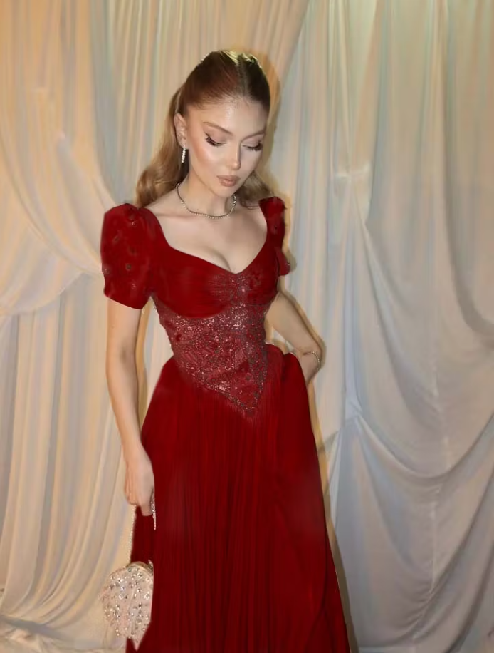 Charming Pink Short Sleeves Pleated Beaded Maxi Prom Dress,LTP82780