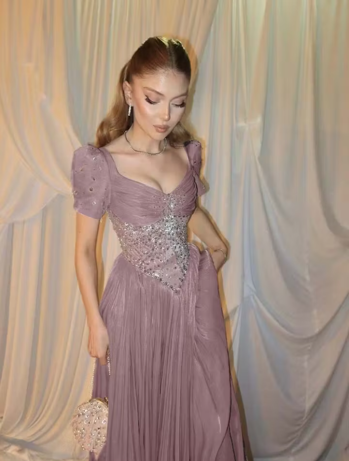 Charming Pink Short Sleeves Pleated Beaded Maxi Prom Dress,LTP82780