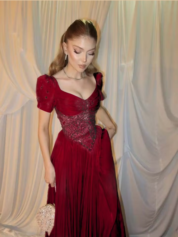 Charming Pink Short Sleeves Pleated Beaded Maxi Prom Dress,LTP82780