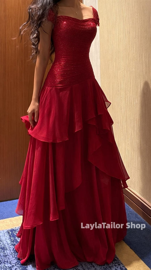 Charming Red Chiffon Ruffle Prom Dresses Pleated Evening Party Dress,LTP3650