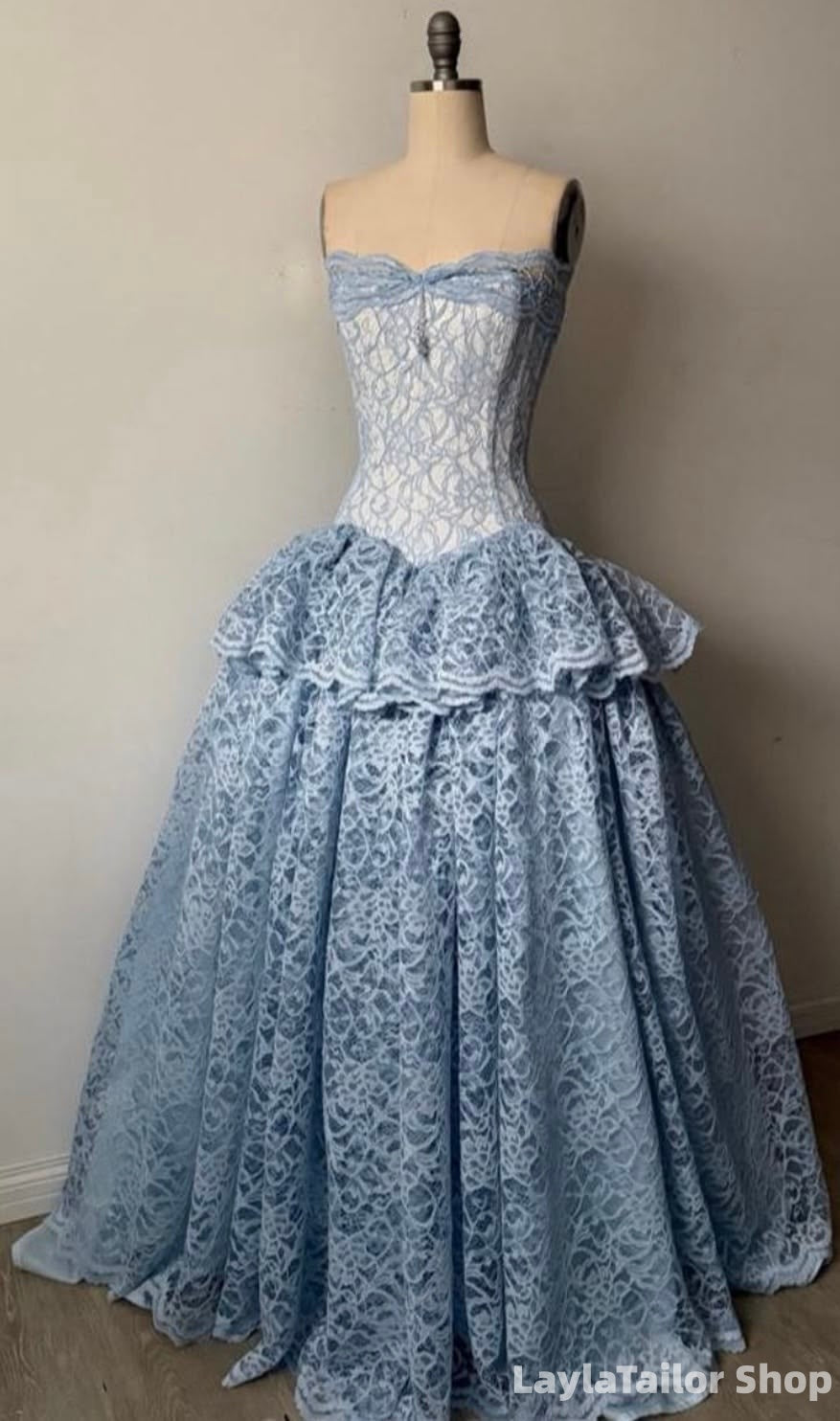 Charming Strapless Blue Lace Ball Gown, Long Prom Dresses LTP82749