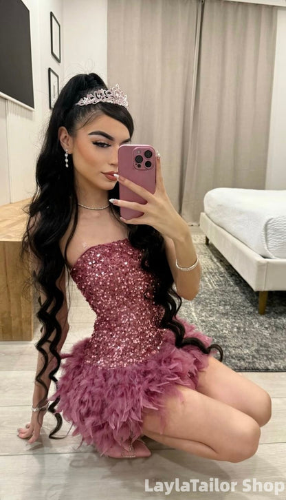 Charming Strapless Pink Feather Sequined Bodycon Homecoming Dresses LTP82663