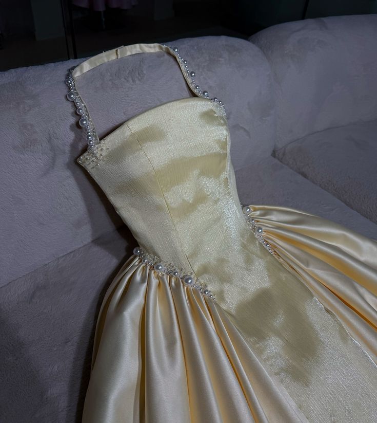 Charming Yellow Pearl Evening Party Dresses A-Line Satin Prom Dress,LTP4270