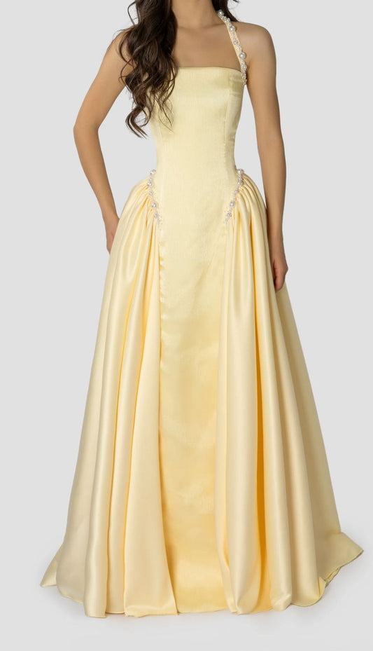 Charming Yellow Pearl Evening Party Dresses A-Line Satin Prom Dress,LTP4270