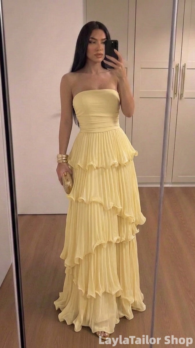Charming Yellow Strapless Pleated Chiffon Ruffles Prom Dresses LTP82689
