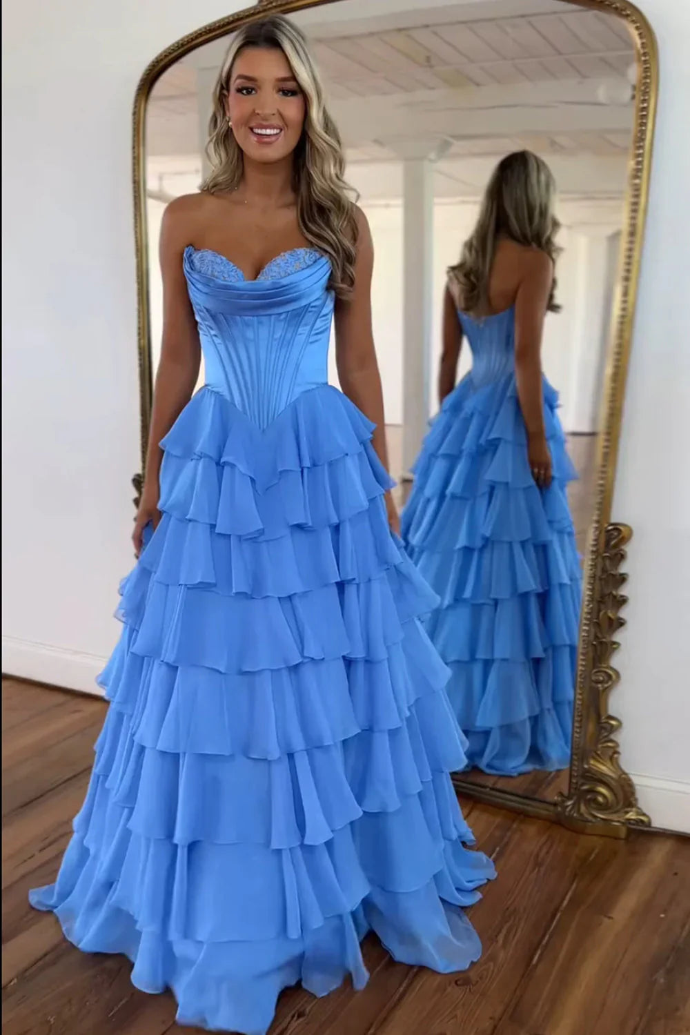 Charming A Line Sweetheart Blush Printed Chiffon Long Prom Dresses