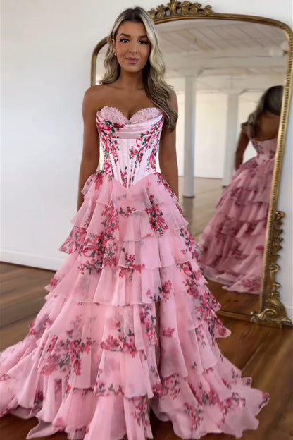Charming A Line Sweetheart Blush Printed Chiffon Long Prom Dresses