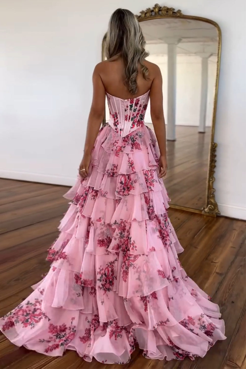 Charming A Line Sweetheart Blush Printed Chiffon Long Prom Dresses