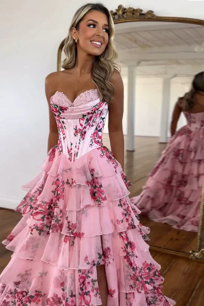 Cute A Line Sweetheart Blue Floral Chiffon Tiered Prom Dress with Slit