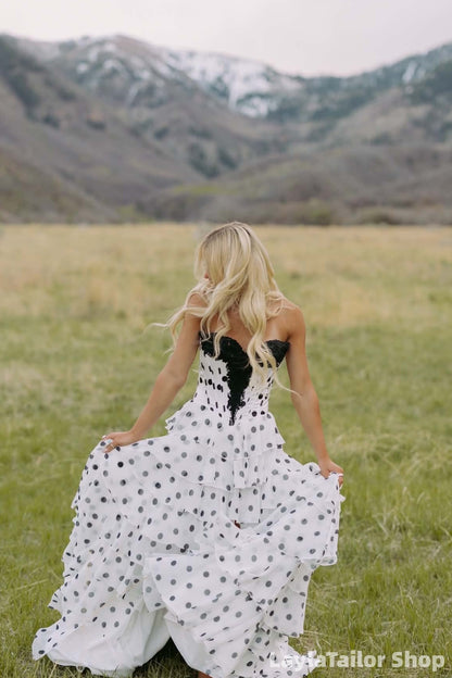 Charming Black Lace Polka Dots Ruffle Long Prom Dress LTP82678