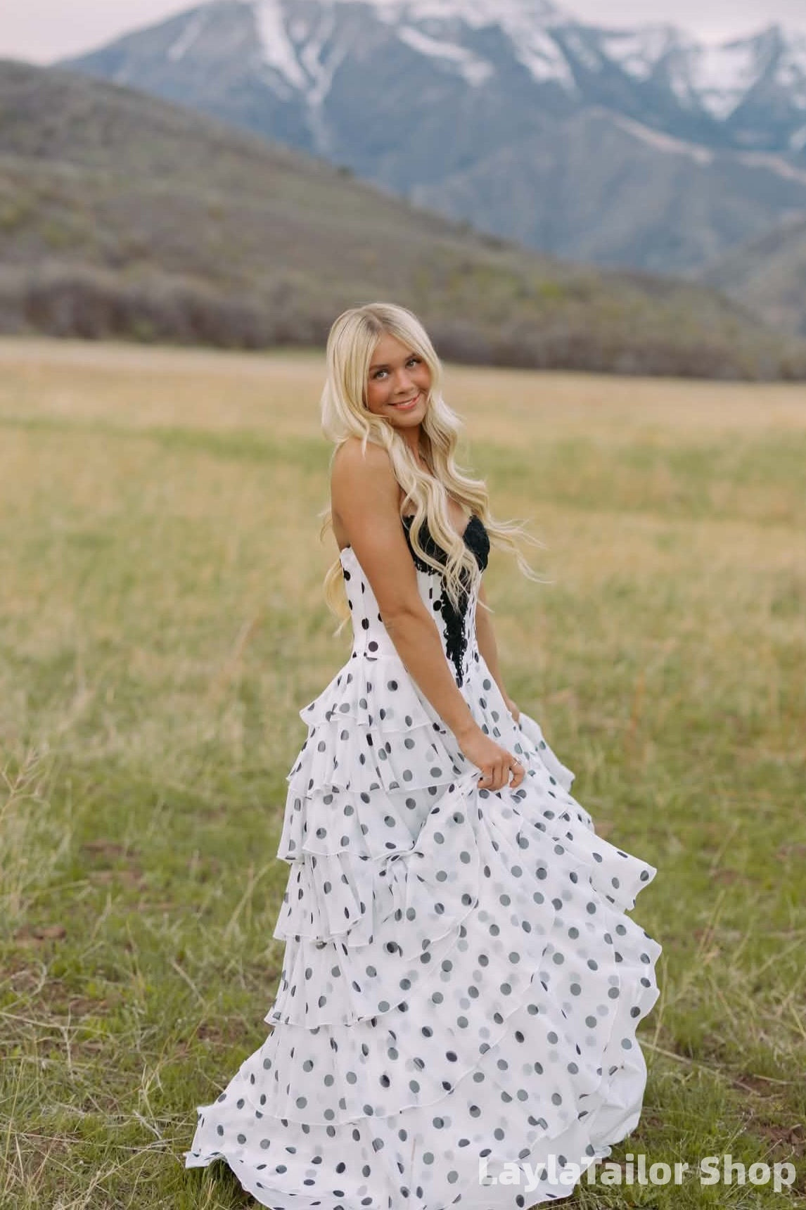 Charming Black Lace Polka Dots Ruffle Long Prom Dress LTP82678