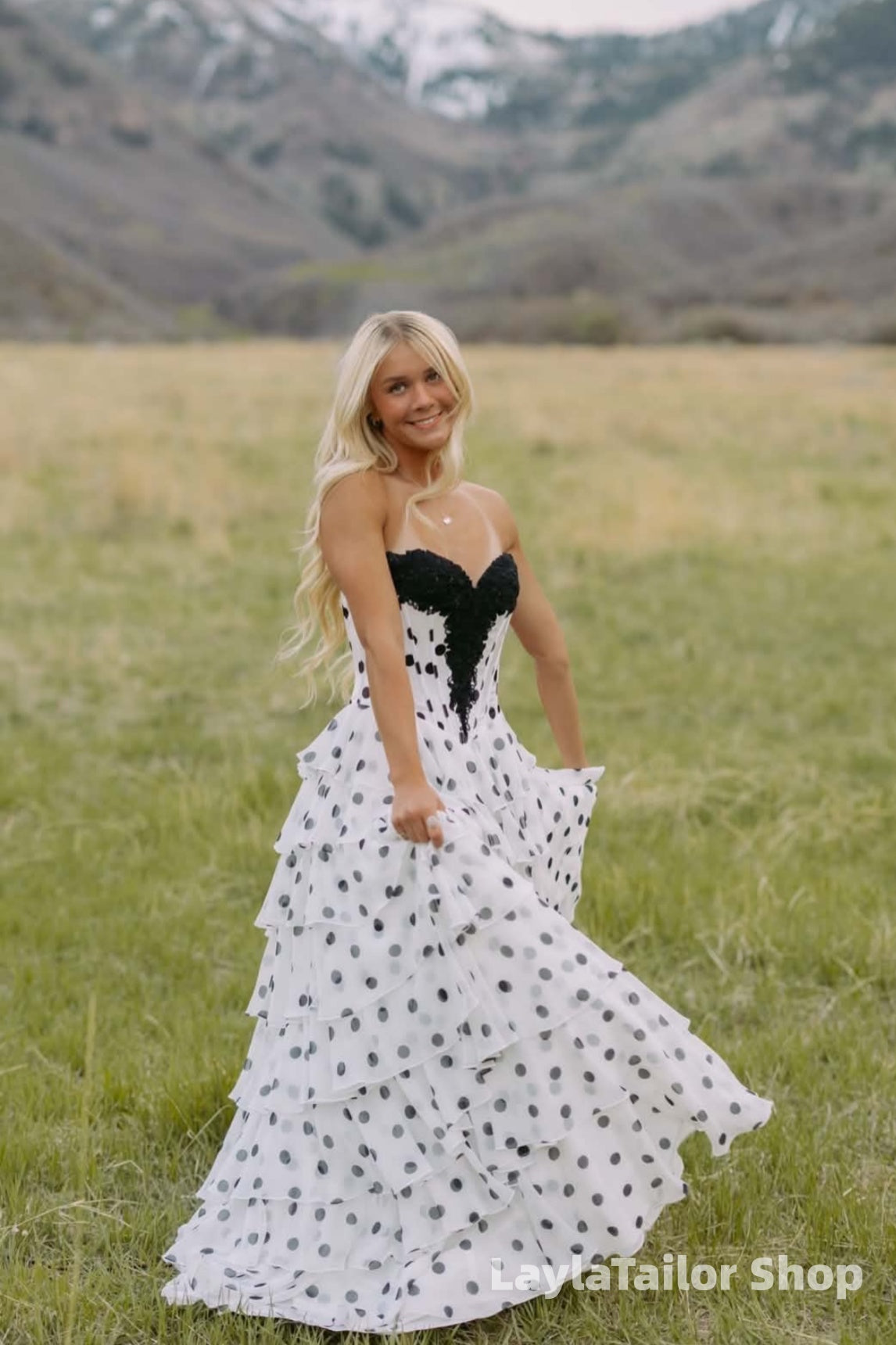 Charming Black Lace Polka Dots Ruffle Long Prom Dress LTP82678