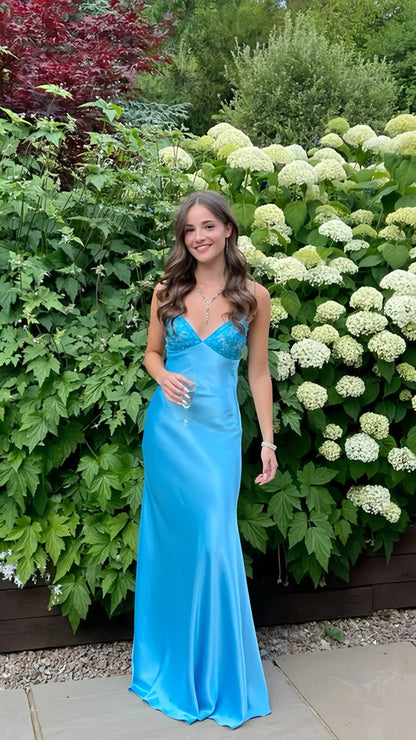 Charming Blue Sheath Prom Dresses Spaghetti Straps Beaded Party Dress,LTP4069