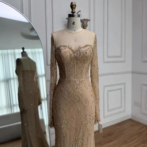 Charming Nude Lace Mermaid Prom Dresses Long Sleeves Party Dress,LTP4313
