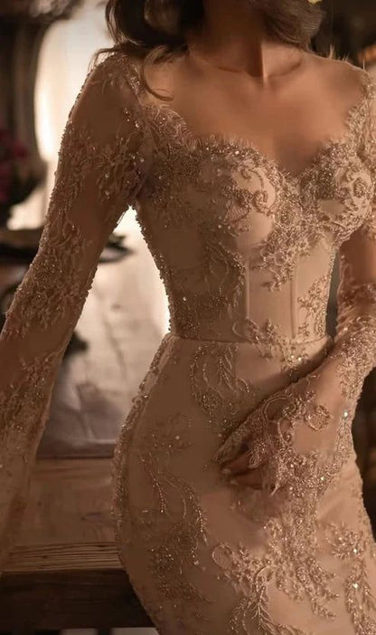 Charming Nude Lace Mermaid Prom Dresses Long Sleeves Party Dress,LTP4313