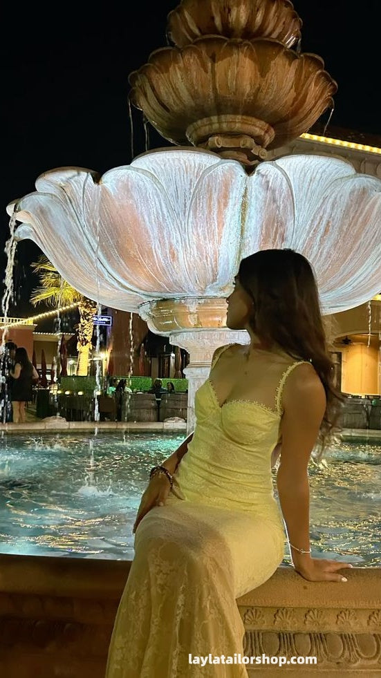 Charming Pastel Yellow Lace Mermaid Prom Dresses Senior Formal Dress,LTP4511