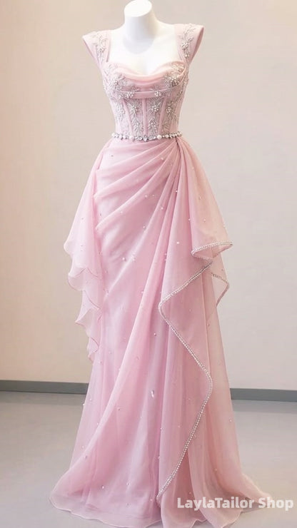 Charming Pink Beaded Prom Dresses Chiffon Ruffle Evening Formal Gown