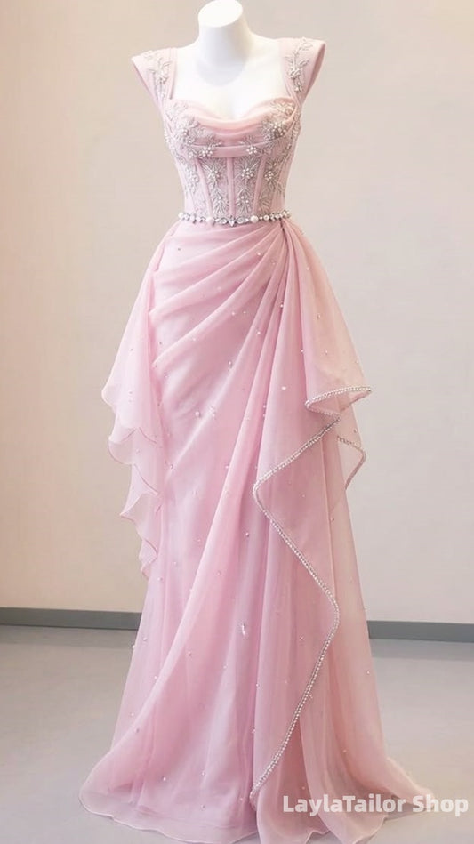 Charming Pink Beaded Prom Dresses Chiffon Ruffle Evening Formal Gown