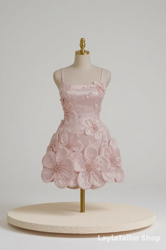 Charming Pink Floral Beaded Homecoming Dresses Short Party Dress