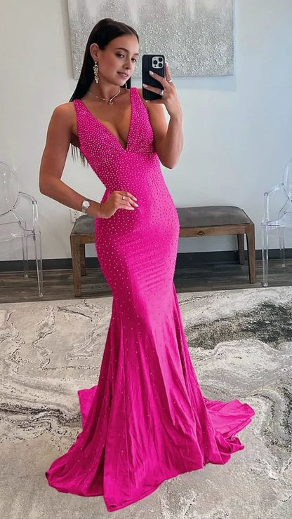Charming V-Neck Mermaid Prom Dresses Pearl Beaded Evening Party Dress,LTP4220