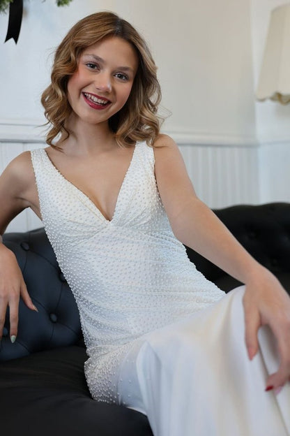 Charming V-Neck Mermaid Prom Dresses Pearl Beaded Evening Party Dress,LTP4220