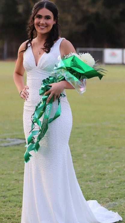 Charming V-Neck Mermaid Prom Dresses Pearl Beaded Evening Party Dress,LTP4220