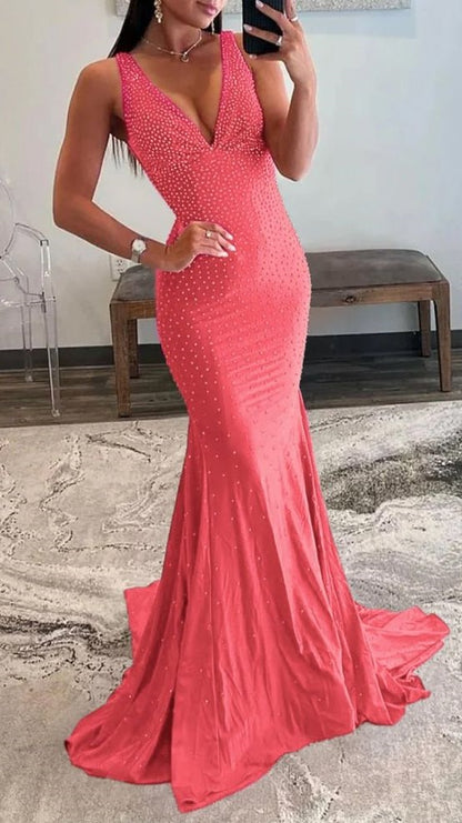 Charming V-Neck Mermaid Prom Dresses Pearl Beaded Evening Party Dress,LTP4220