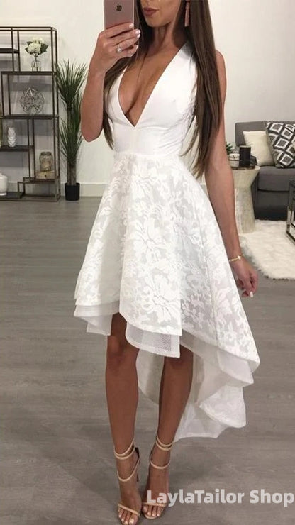 Charming White V-Neck Homecoming Dresses High Low Lace Cocktail Dress