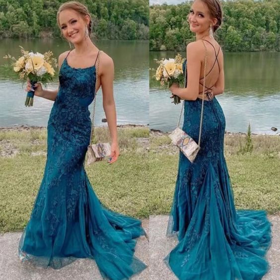 Charming Dark Teal Applique Mermaid Long Party Dress Prom Formal Gown