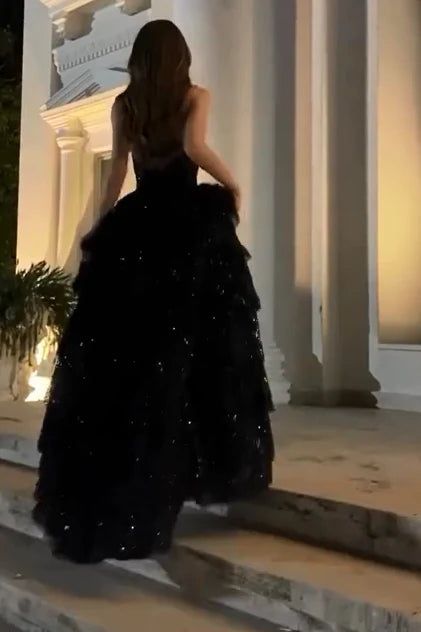 Cheap Prom Dresses Ruffle Sequin Tulle A-line Party Dress Strapless Formal Gown,LTP4436