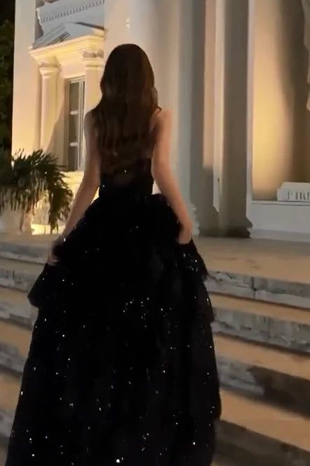 Cheap Prom Dresses Ruffle Sequin Tulle A-line Party Dress Strapless Formal Gown,LTP4436