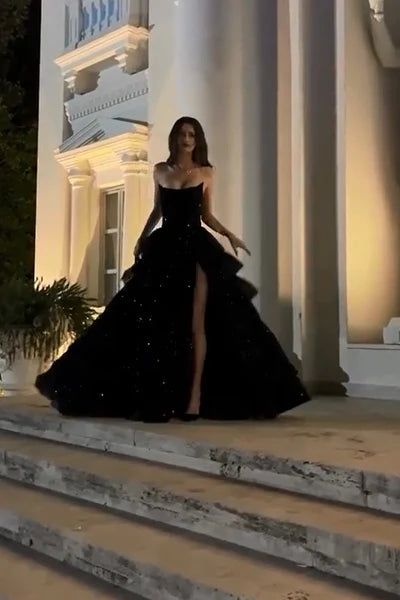 Cheap Prom Dresses Ruffle Sequin Tulle A-line Party Dress Strapless Formal Gown,LTP4436