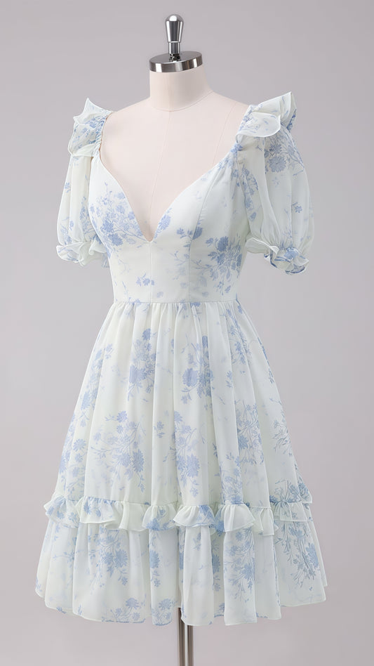 Chic Floral Chiffon Homecoming Dress, Floral Short Party Dress, Back To School Dress,LTP3696