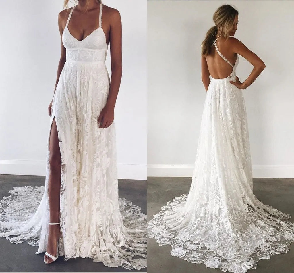 Chic Floral Sheath Ivory Lace Wedding Dresses