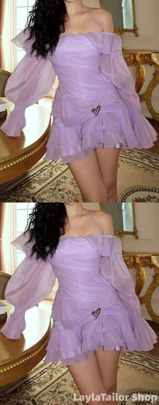Chic Lilac Chiffon Homecoming Dresses Long Sleeves Birthday Dress
