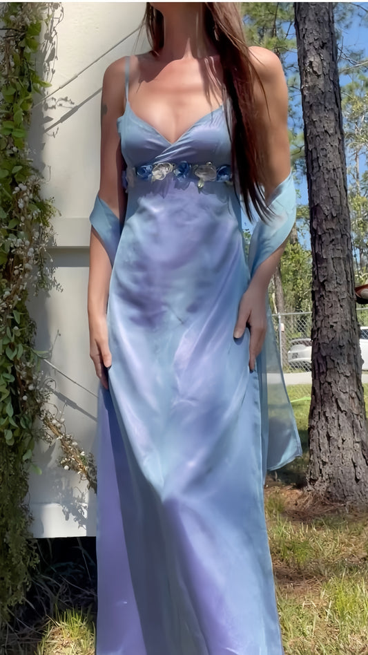 Chic Sheath Blue Lilac Long Prom Dresses Floral Evening Party Gown,LTP3990