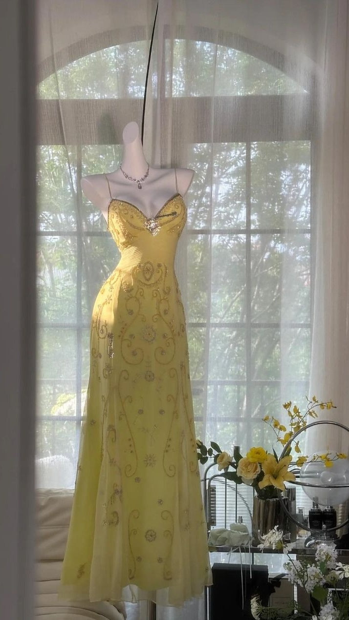 Chic Yellow Bodycon Lace Party Dresses V-neck Spaghetti Straps Prom Evening Gown,LTP4133