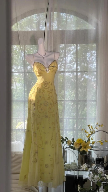 Chic Yellow Bodycon Lace Party Dresses V-neck Spaghetti Straps Prom Evening Gown,LTP4133