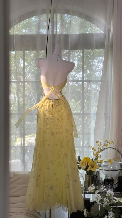 Chic Yellow Bodycon Lace Party Dresses V-neck Spaghetti Straps Prom Evening Gown,LTP4133