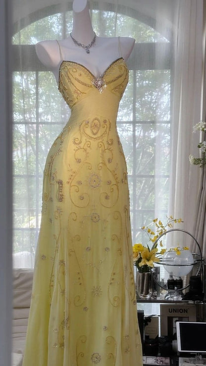 Chic Yellow Bodycon Lace Party Dresses V-neck Spaghetti Straps Prom Evening Gown,LTP4133