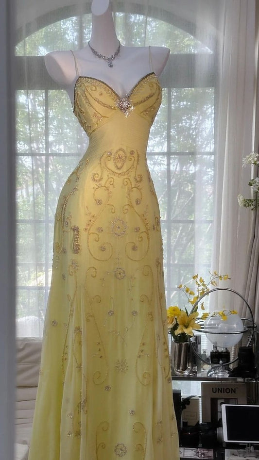 Chic Yellow Bodycon Lace Party Dresses V-neck Spaghetti Straps Prom Evening Gown,LTP4133