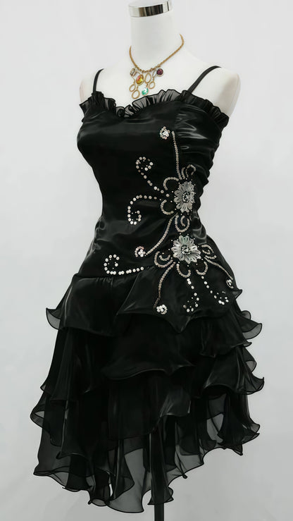 Classic Black Organza Ruffle Short Party Dress, Spaghetti Straps Homecoming Dresses, LTP3723