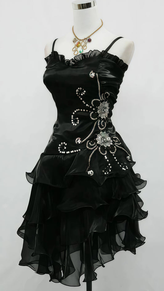 Classic Black Organza Ruffle Short Party Dress, Spaghetti Straps Homecoming Dresses, LTP3723