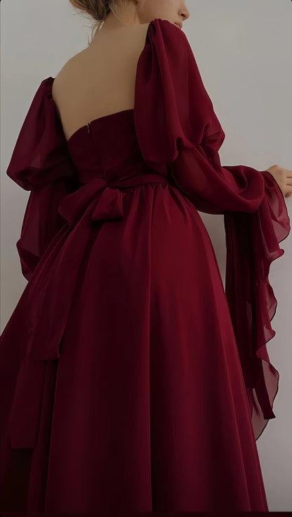 Classic Burgundy Chiffon Prom Dresses Square Neck Evening Party Gown,LTP4125