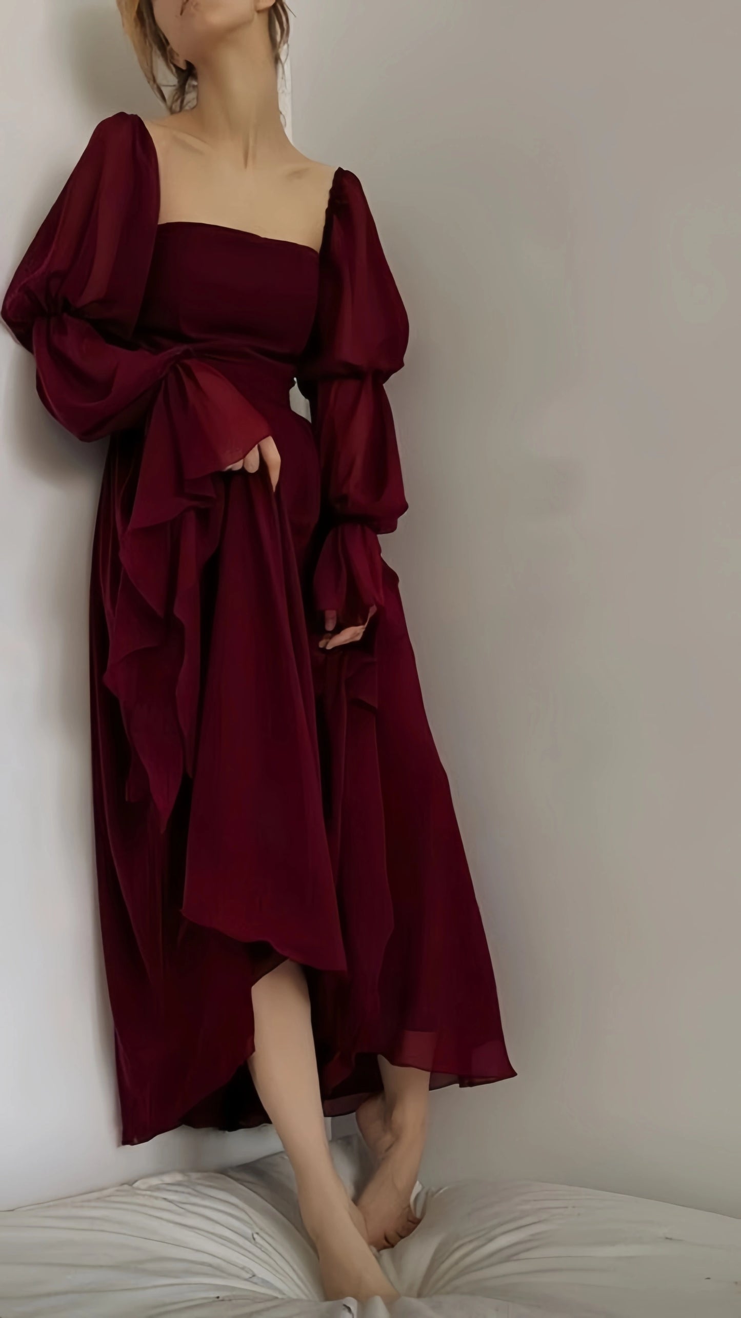 Classic Burgundy Chiffon Prom Dresses Square Neck Evening Party Gown,LTP4125