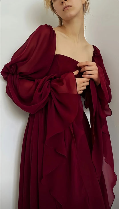 Classic Burgundy Chiffon Prom Dresses Square Neck Evening Party Gown,LTP4125