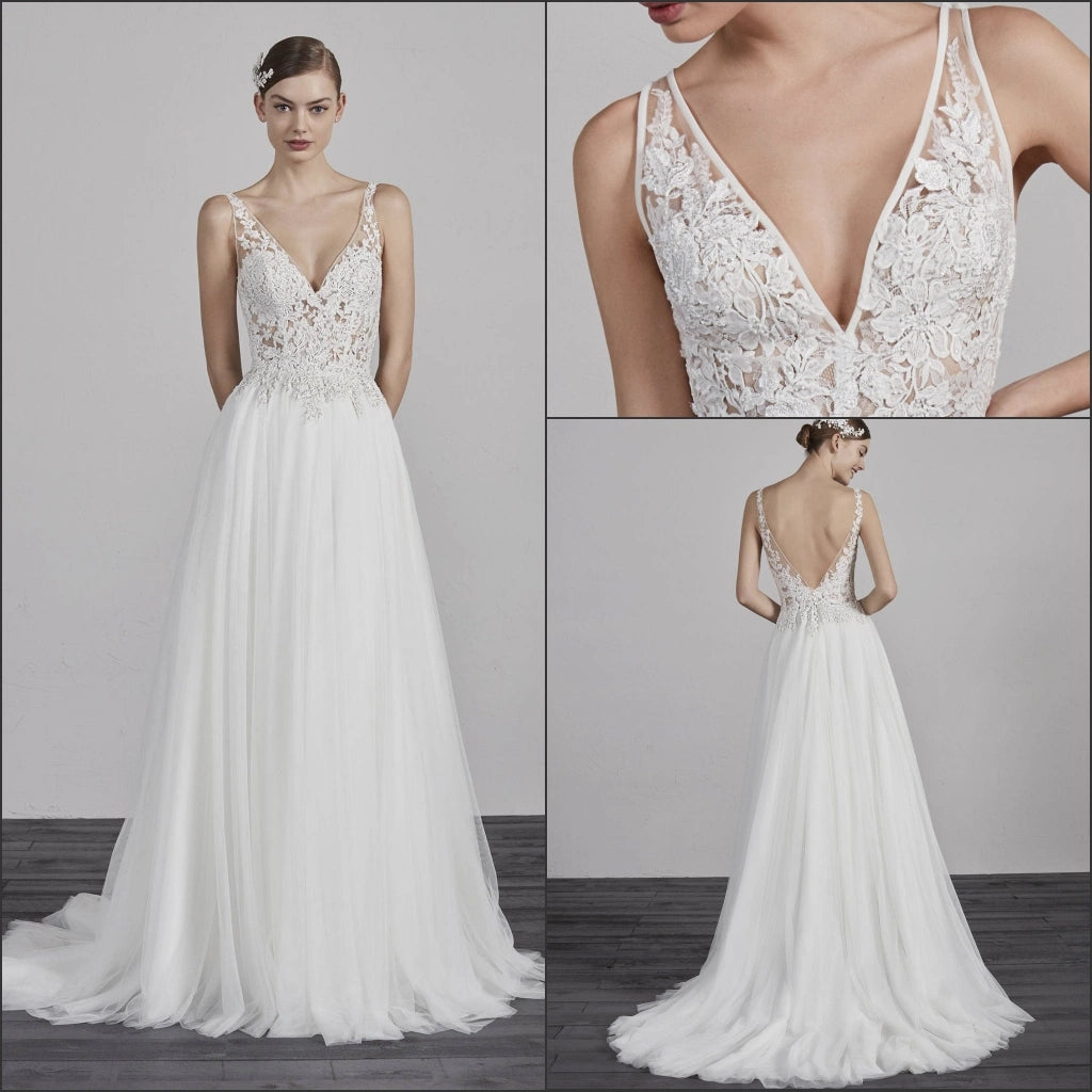 Classic Lace V Back Wedding Dresses White A-Line Bridal Gowns